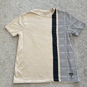 Y2K GUESS Beige and Black Plaid Panel Embroidered Soft Casual T-shirt Unisex M
